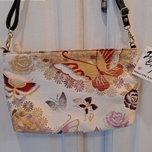 Midori Obi Arts Silk Vintage Kimono Crossbody Bag Butterflies Floral Brocade